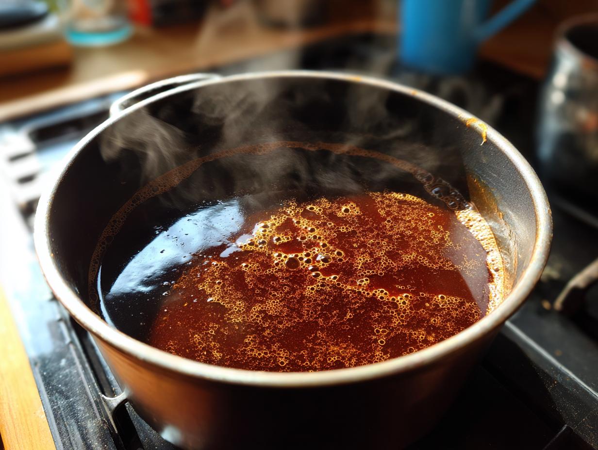 A close-up shot of a rich, dark au jus recipe simmering in a pot on a stovetop, with steam rising.