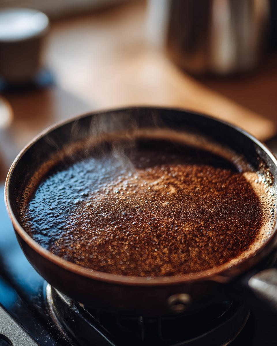Close-up of a rich, dark au jus recipe simmering in a skillet, with steam rising.