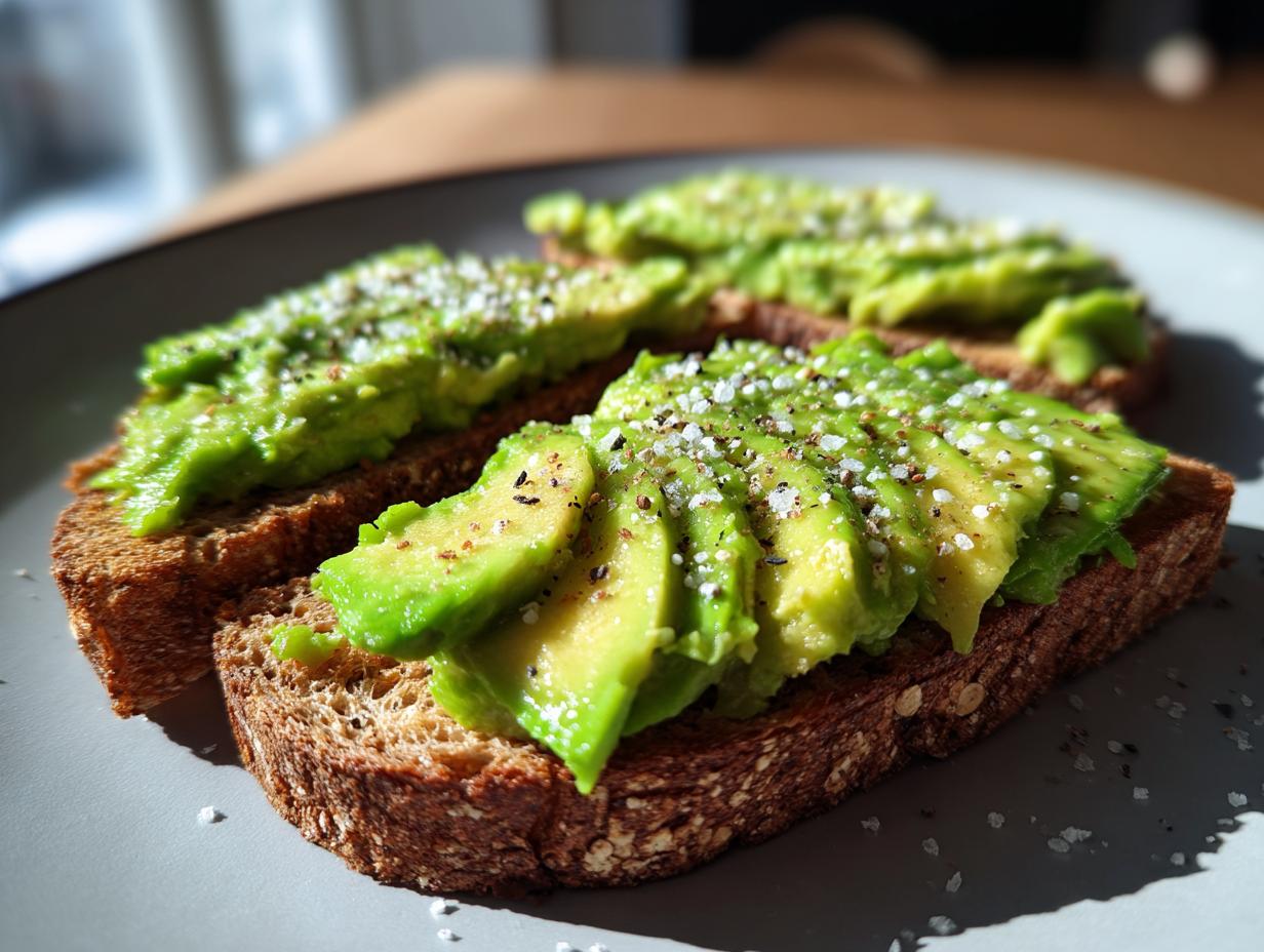 Close-up of avocado toast with sliced avocado, sprinkled with salt and pepper, as one of the easy breakfast ideas.