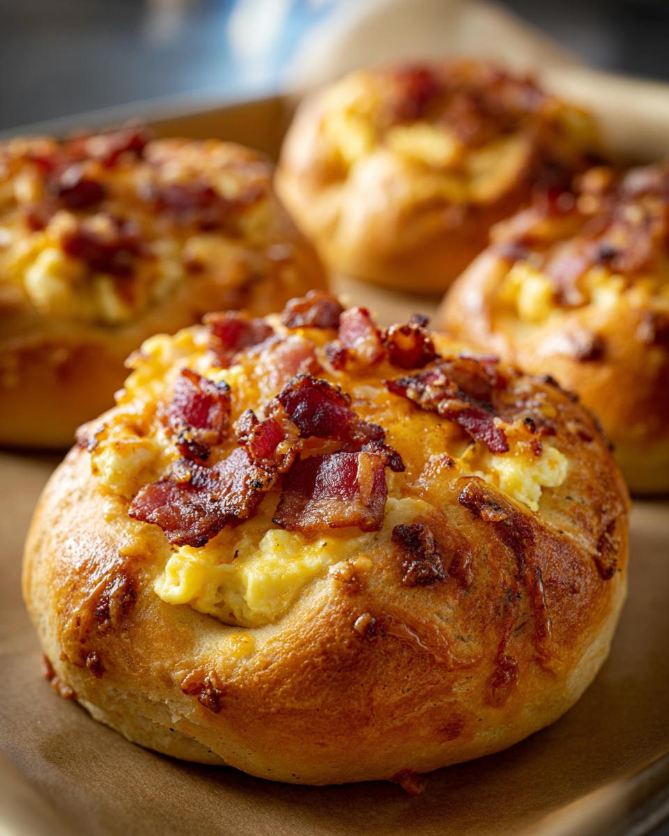 Close-up of a golden-brown breakfast roll filled with scrambled eggs, cheese, and topped with crispy bacon.