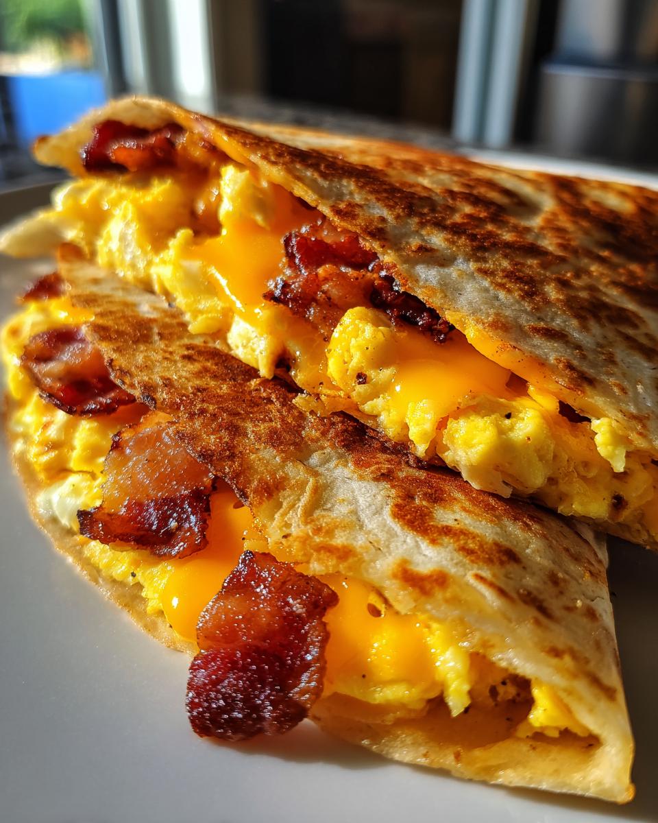 Close-up of a delicious bacon egg cheese breakfast quesadilla, cut in half and stacked.
