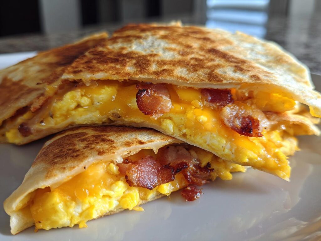 Close-up of delicious bacon egg cheese breakfast quesadillas, cut in half to show the gooey cheese and fluffy eggs.