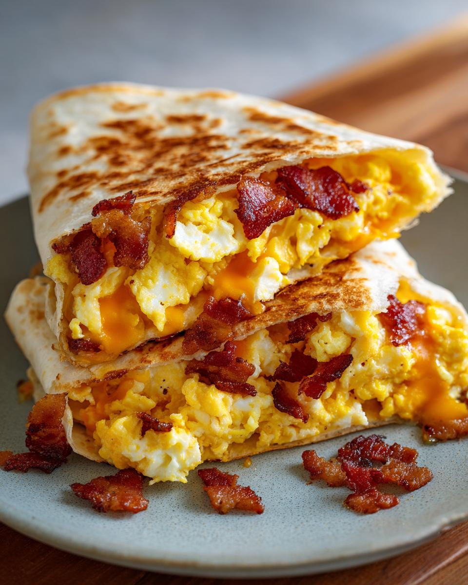 Close-up of stacked bacon egg cheese breakfast quesadillas, showing fluffy scrambled eggs, melted cheese, and crispy bacon.