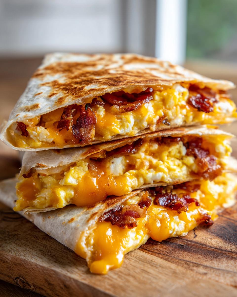 A stack of three bacon egg cheese breakfast quesadillas, cut in half and filled with scrambled eggs, crispy bacon, and melted cheese.
