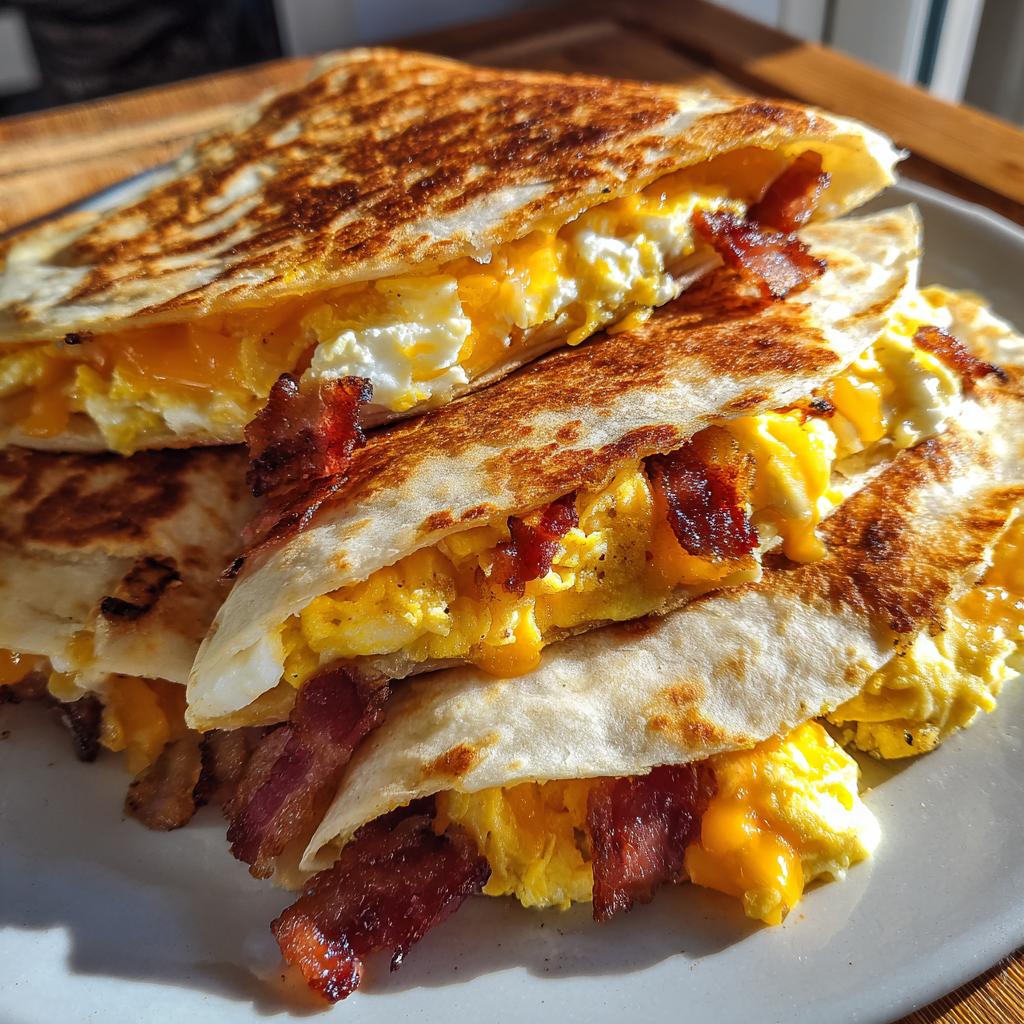 A stack of golden-brown bacon egg cheese breakfast quesadillas, filled with scrambled eggs, melted cheese, and crispy bacon.