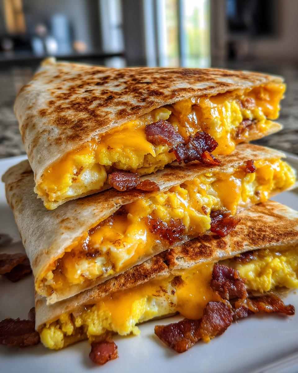 A stack of three bacon egg cheese breakfast quesadillas, cut in half, showing melted cheese and crispy bacon.