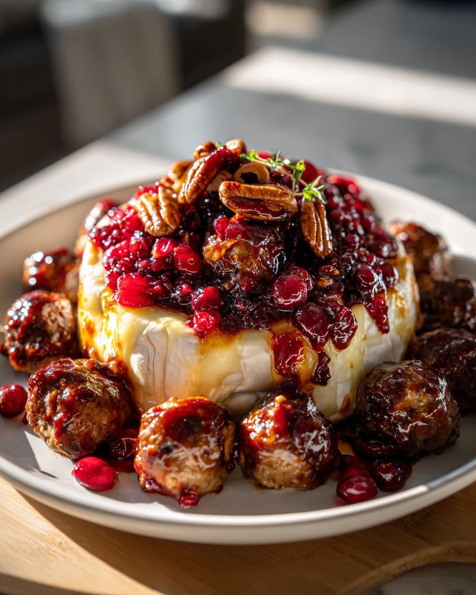 A festive baked brie topped with cranberry sauce, pecans, and meatballs, perfect for new year's eve party food.