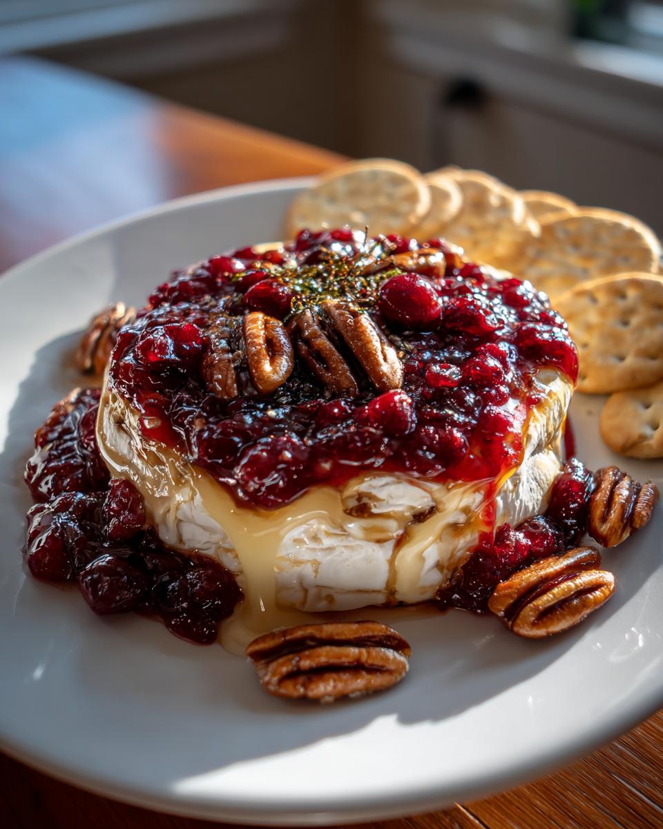 Warm baked brie topped with cranberry sauce and pecans, served with crackers, perfect for new years eve food ideas.