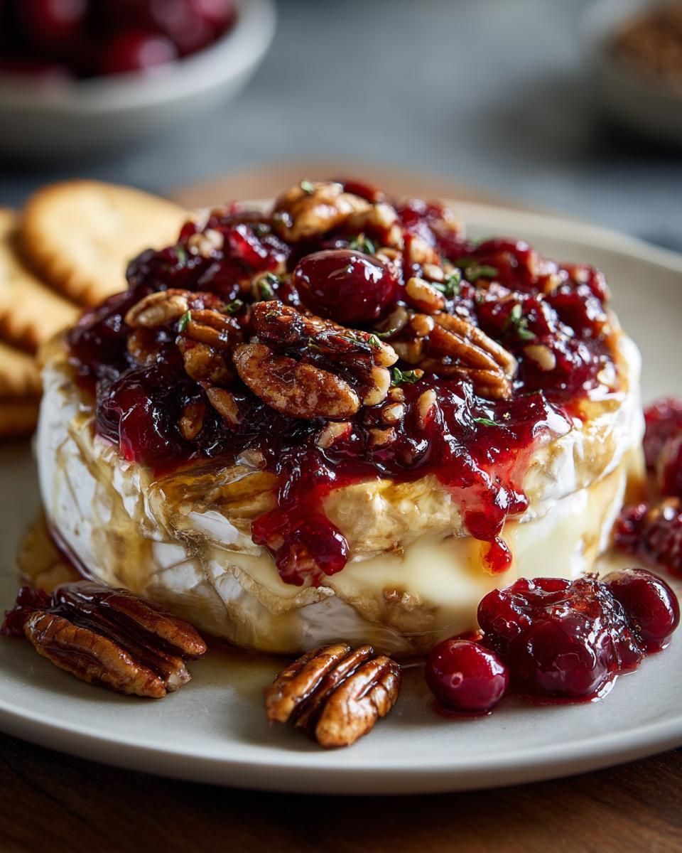 Close-up of baked brie topped with cranberry sauce and pecans, a perfect New Years Eve food idea.