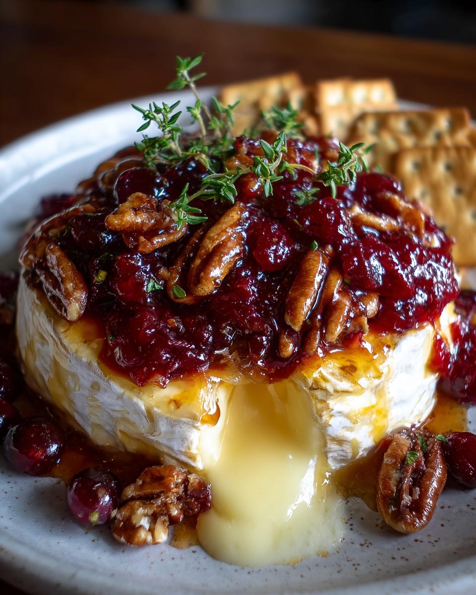 Melted baked brie topped with cranberry pecan sauce and fresh thyme, perfect for New Years Eve food ideas.