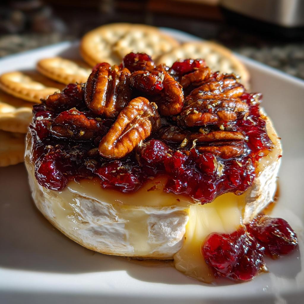 Melted baked brie topped with cranberry sauce and pecans, served with crackers, a perfect New Years Eve food idea.