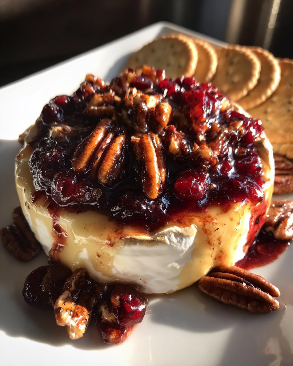Close-up of baked brie topped with cranberry sauce and pecans, served with crackers, perfect for new years eve food ideas.