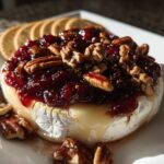 A warm baked brie topped with cranberry sauce and pecans, served with crackers, perfect for new years eve food ideas.