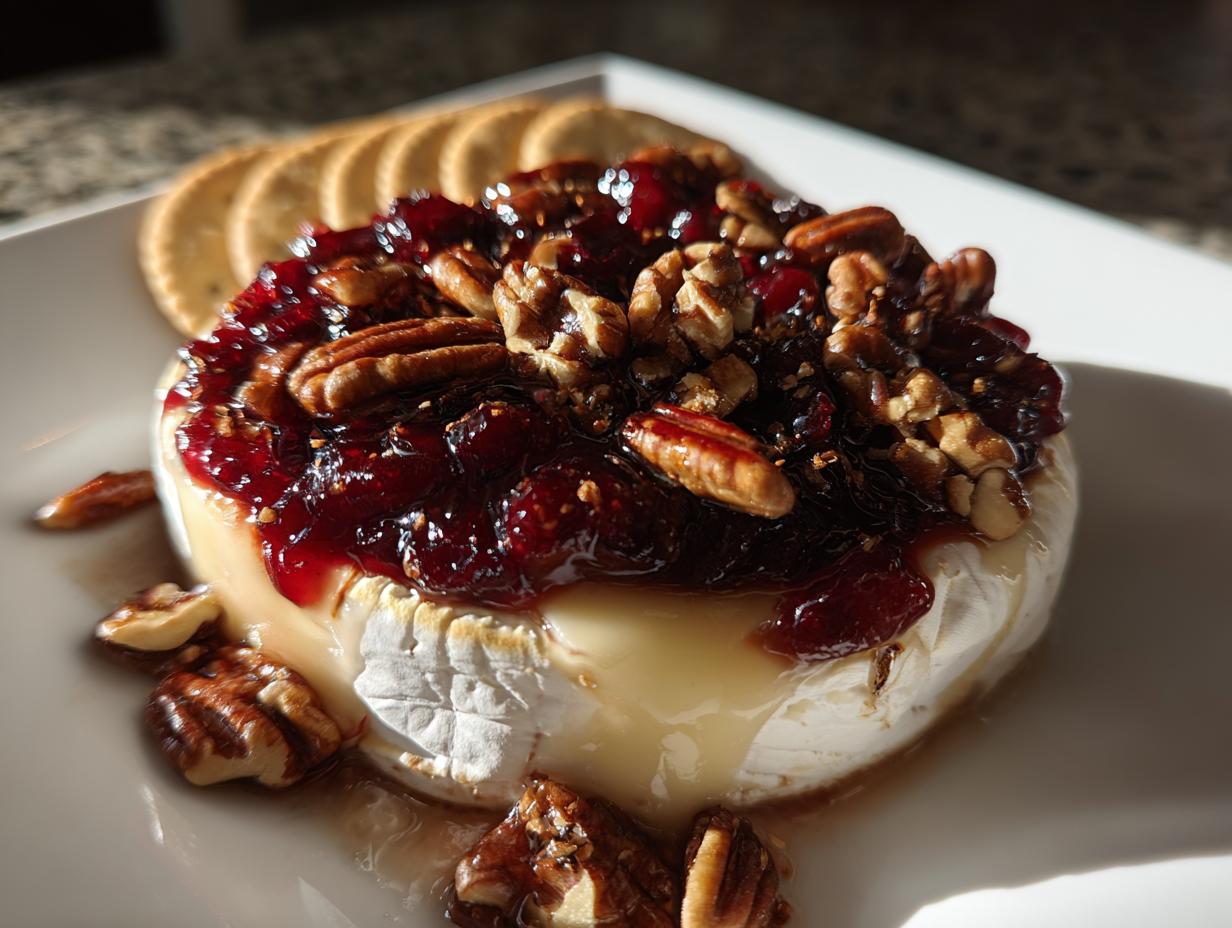 A warm baked brie topped with cranberry sauce and pecans, served with crackers, perfect for new years eve food ideas.