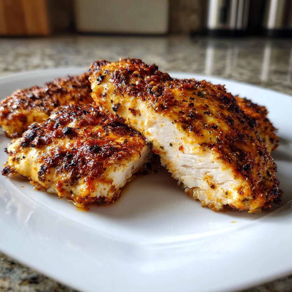 Close-up of three baked chicken breast pieces, seasoned with spices and herbs, for a delicious chicken breast dinner idea.