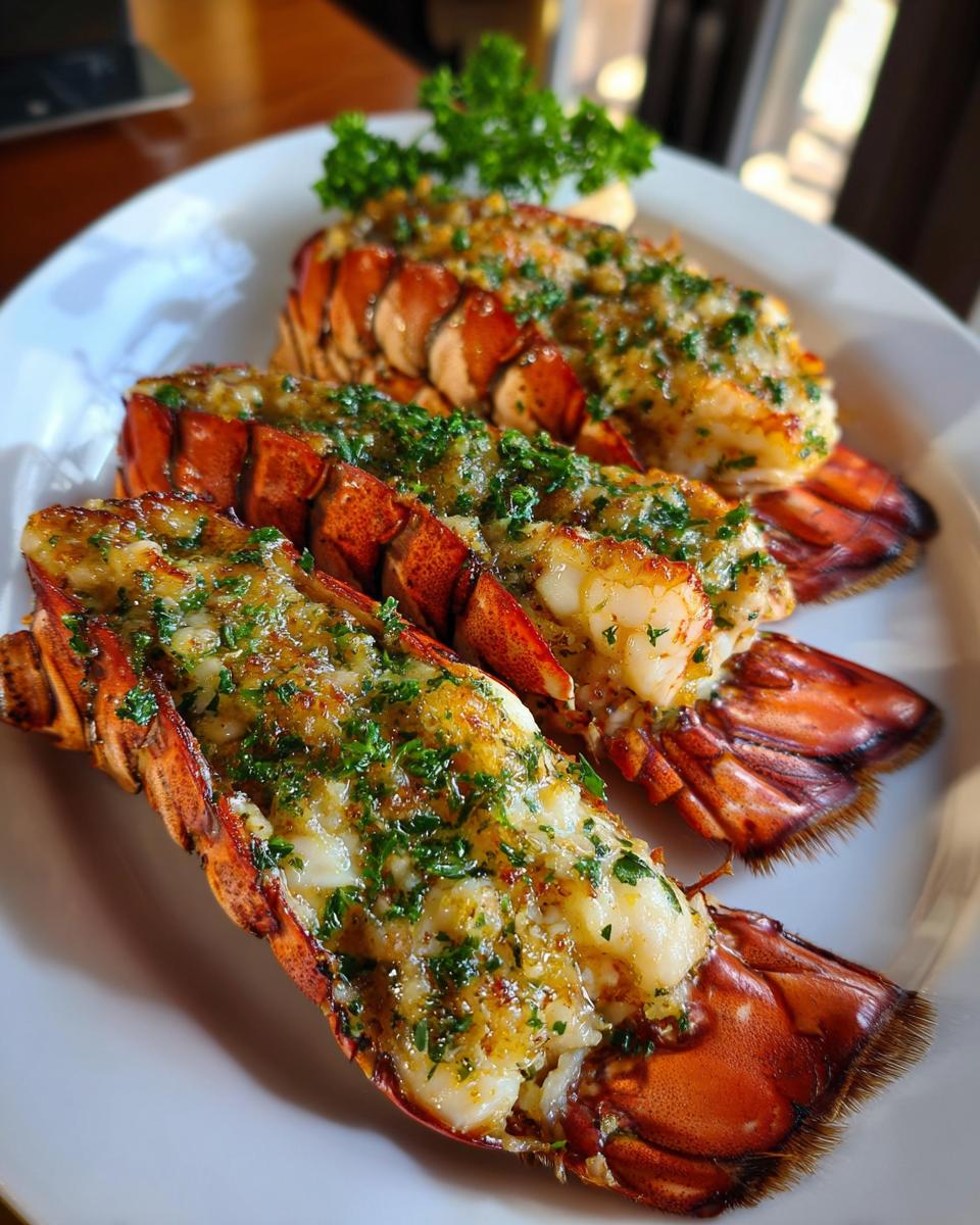 Close-up of three baked lobster tails, glistening with butter and herbs, ready to serve.