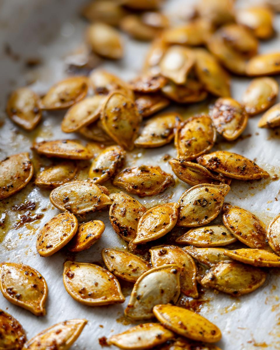 Close-up of seasoned and roasted Baked Pumpkin Seeds 2025 on parchment paper, glistening with oil and spices.