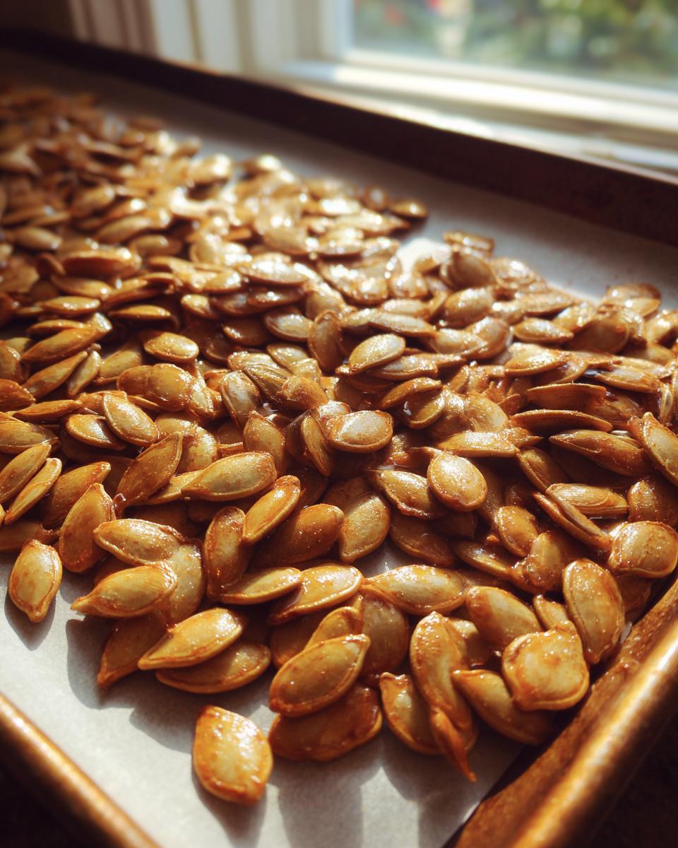 Close-up of a baking sheet filled with seasoned baked pumpkin seeds, ready to be enjoyed.