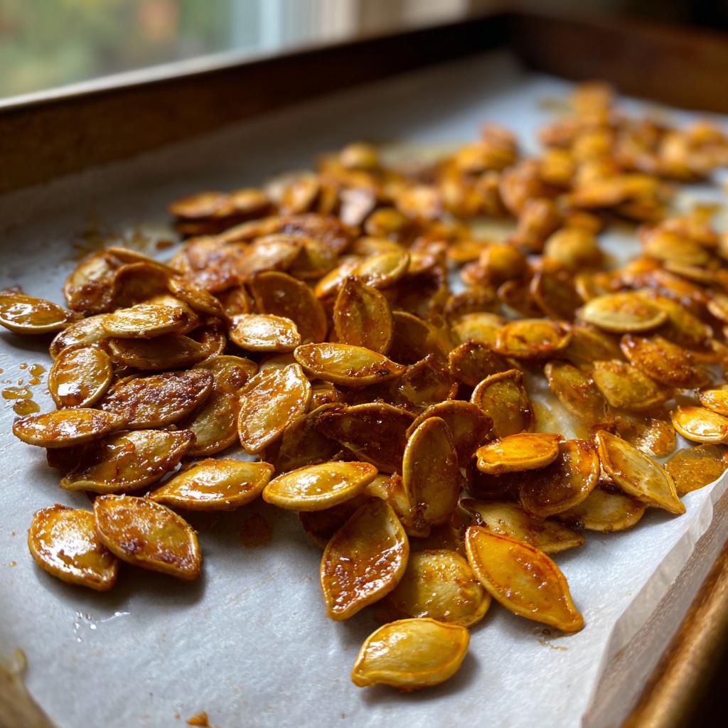 Close-up of a pile of shiny, golden baked pumpkin seeds coated in seasoning on a parchment-lined baking sheet.