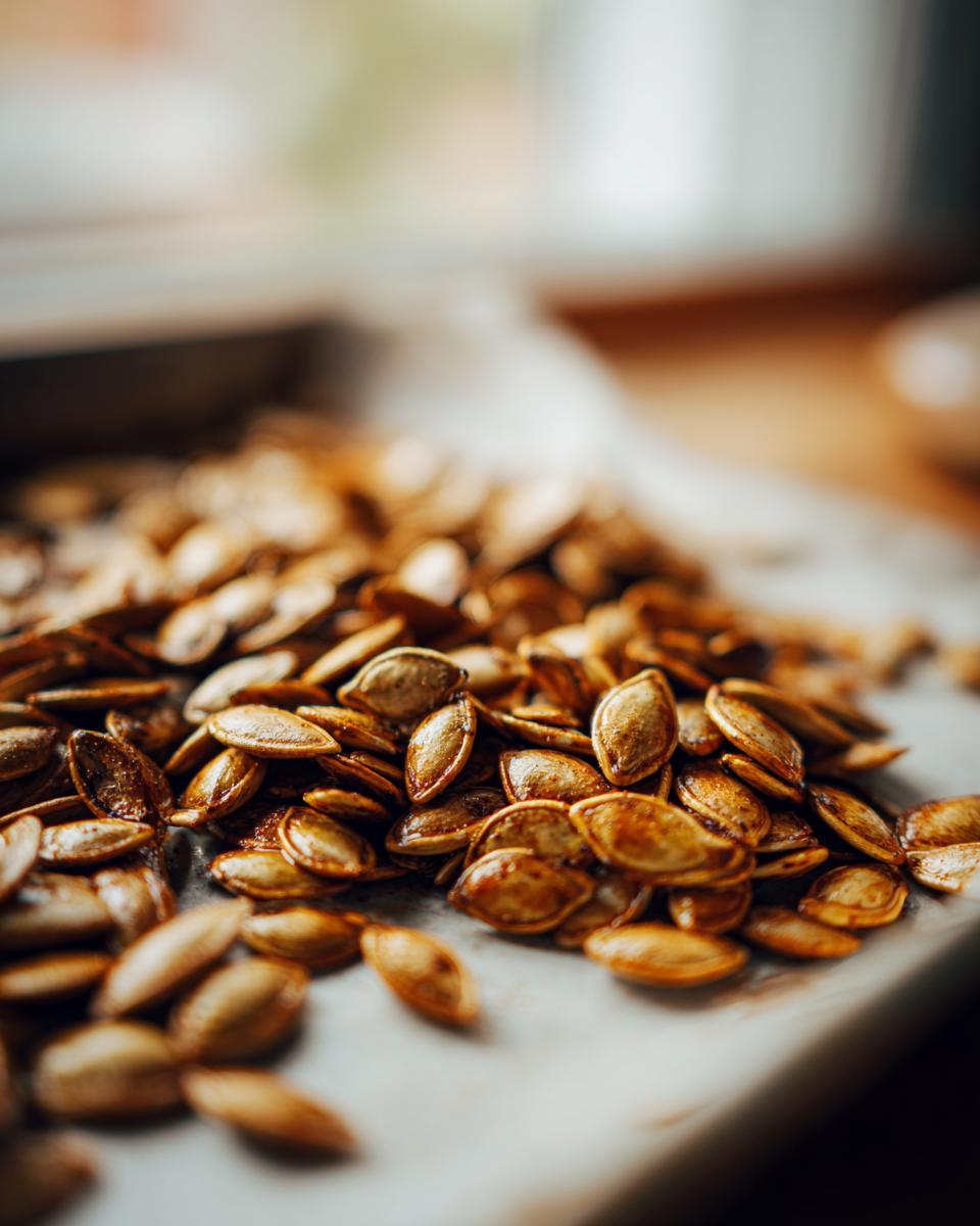 A close-up, shallow depth of field shot of a pile of perfectly seasoned and crispy baked pumpkin seeds.
