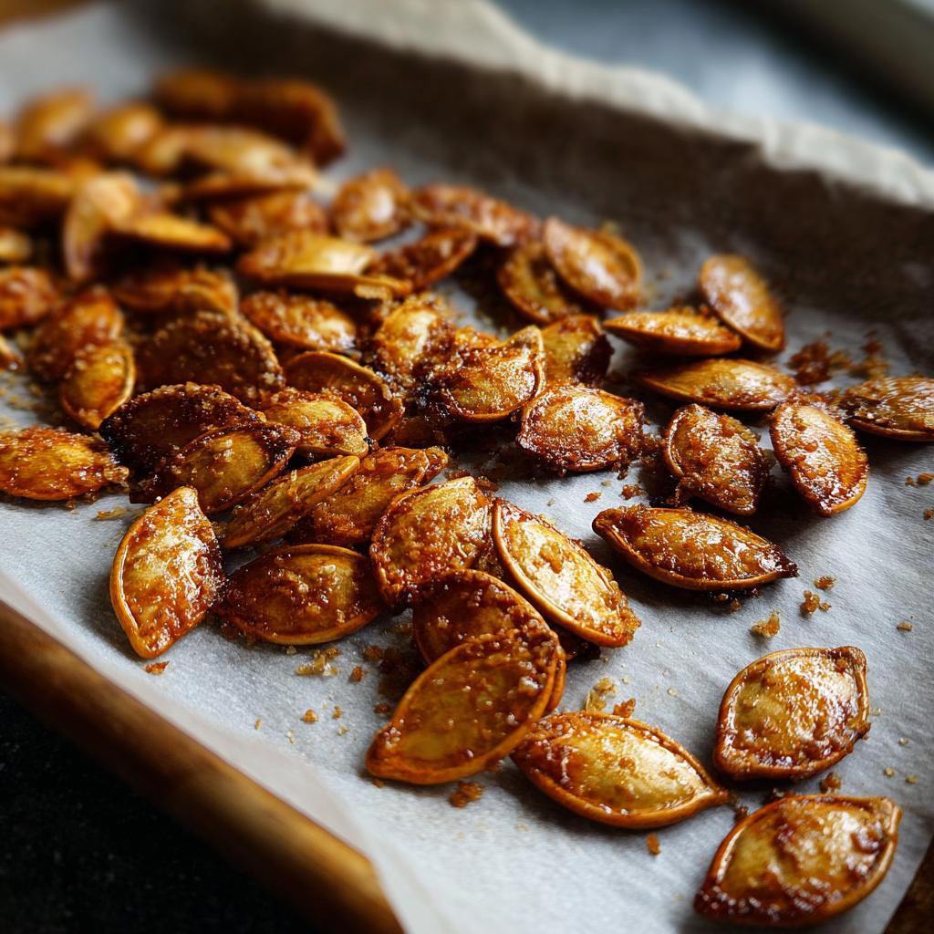 Close-up of golden brown, glossy baked pumpkin seeds seasoned and ready to eat.