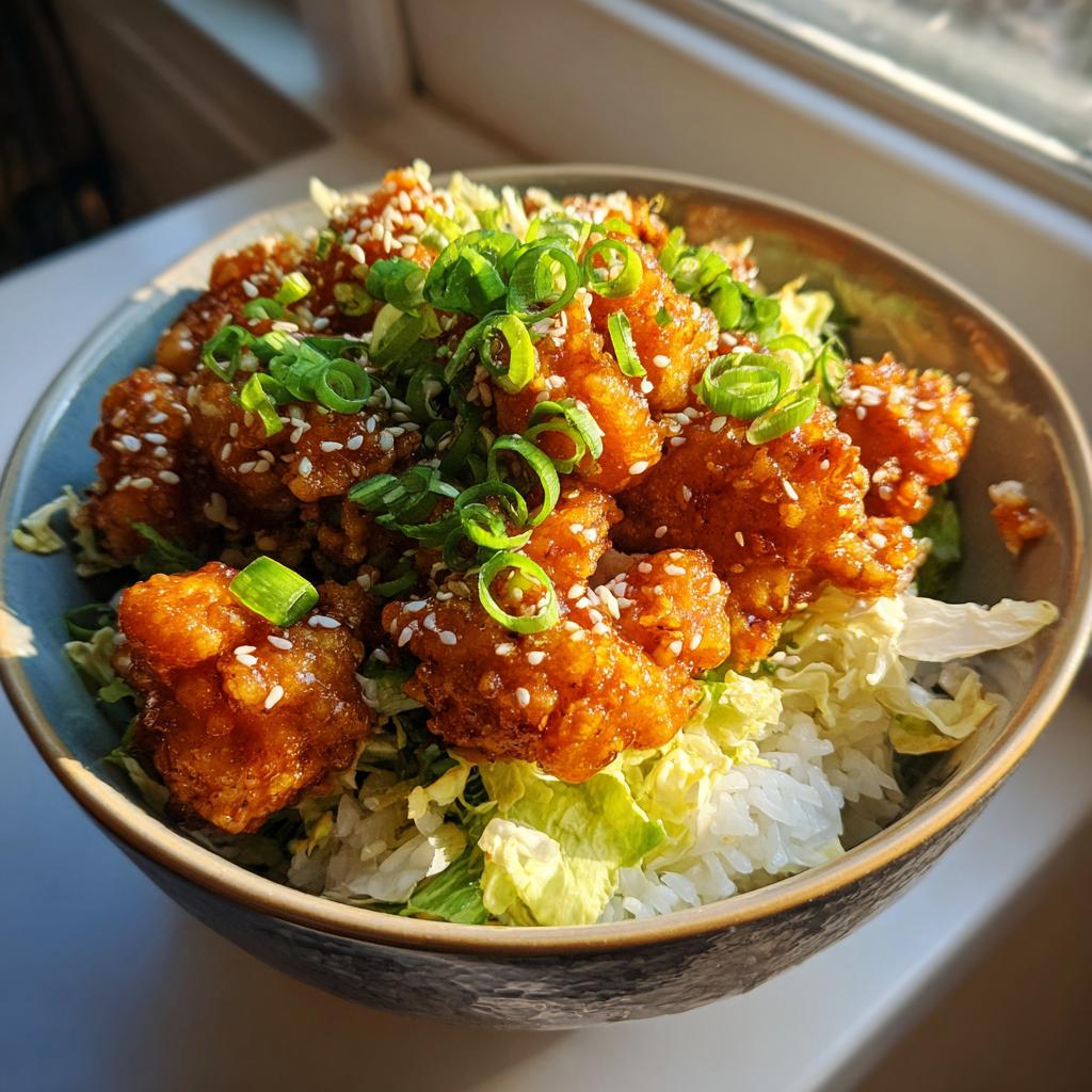 A close-up of a delicious bang bang chicken bowl, featuring crispy chicken pieces over rice and shredded lettuce, topped with sesame seeds and green onions.