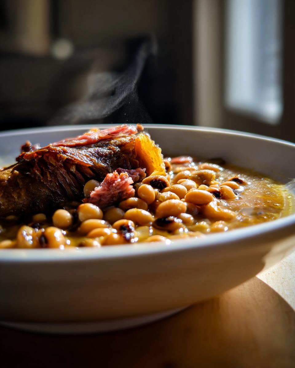 A close-up, steaming bowl of black-eyed peas with a piece of smoked meat, perfect for new years food.