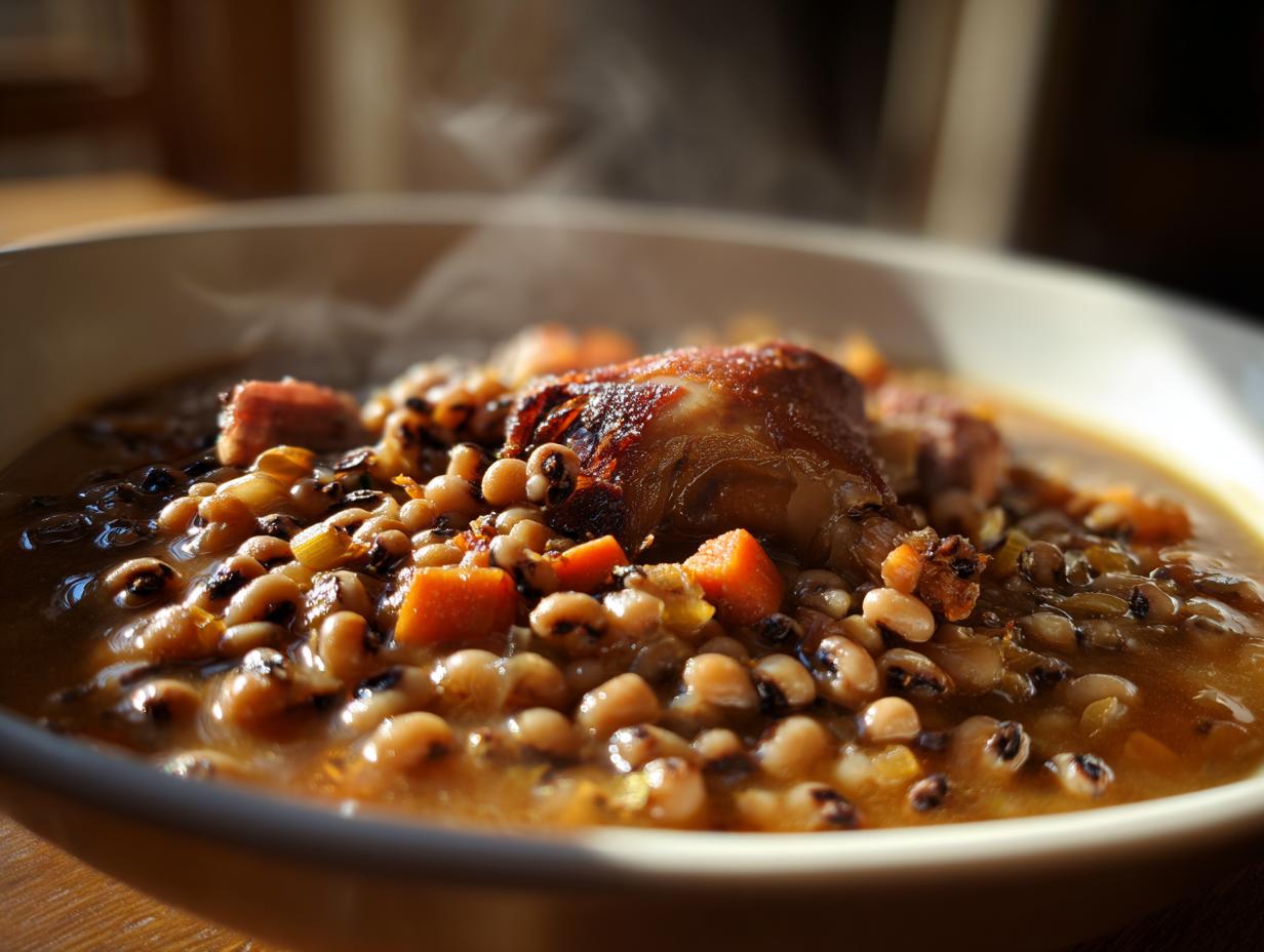 A close-up, steaming bowl of black-eyed peas with chunks of meat and carrots, perfect for New Years food.