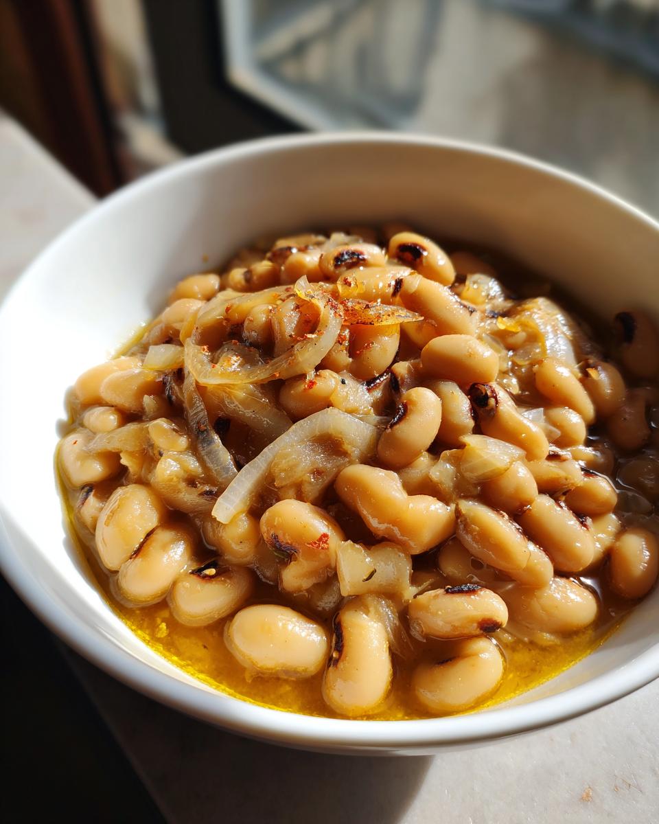 A close-up of a white bowl filled with a delicious black eyed peas recipe, featuring tender peas, sliced onions, and a savory broth.
