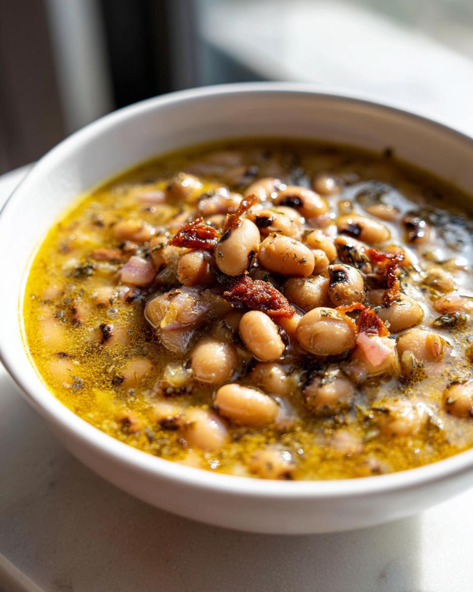 Close-up of a white bowl filled with a hearty black eyed peas recipe, garnished with sun-dried tomatoes and herbs.