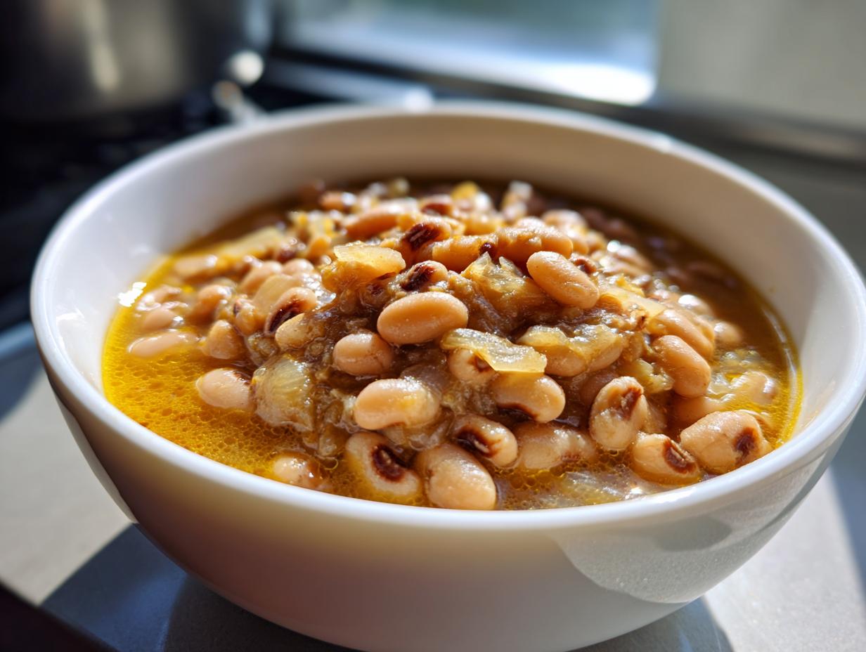A close-up of a white bowl filled with a delicious black eyed peas recipe, showing the tender beans in a savory broth.