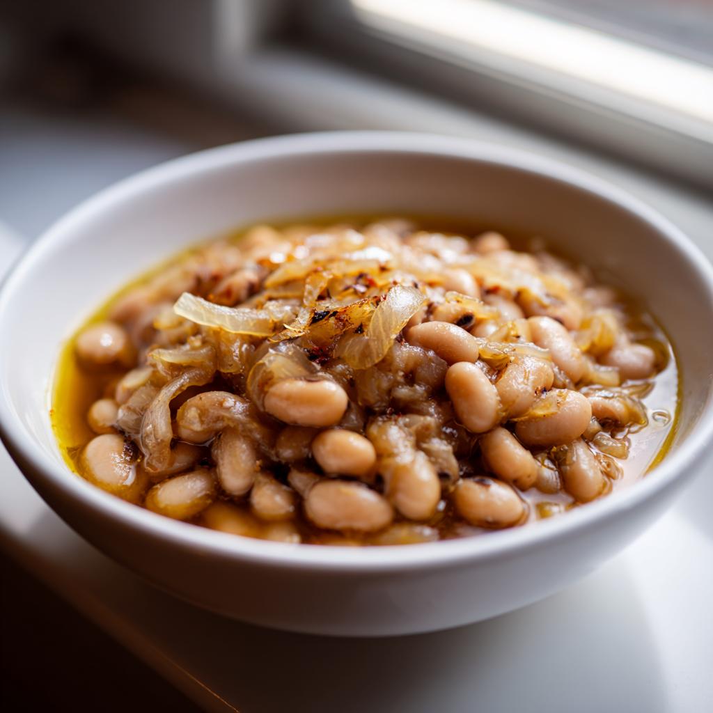 A close-up of a white bowl filled with a black eyed peas recipe, topped with caramelized onions.