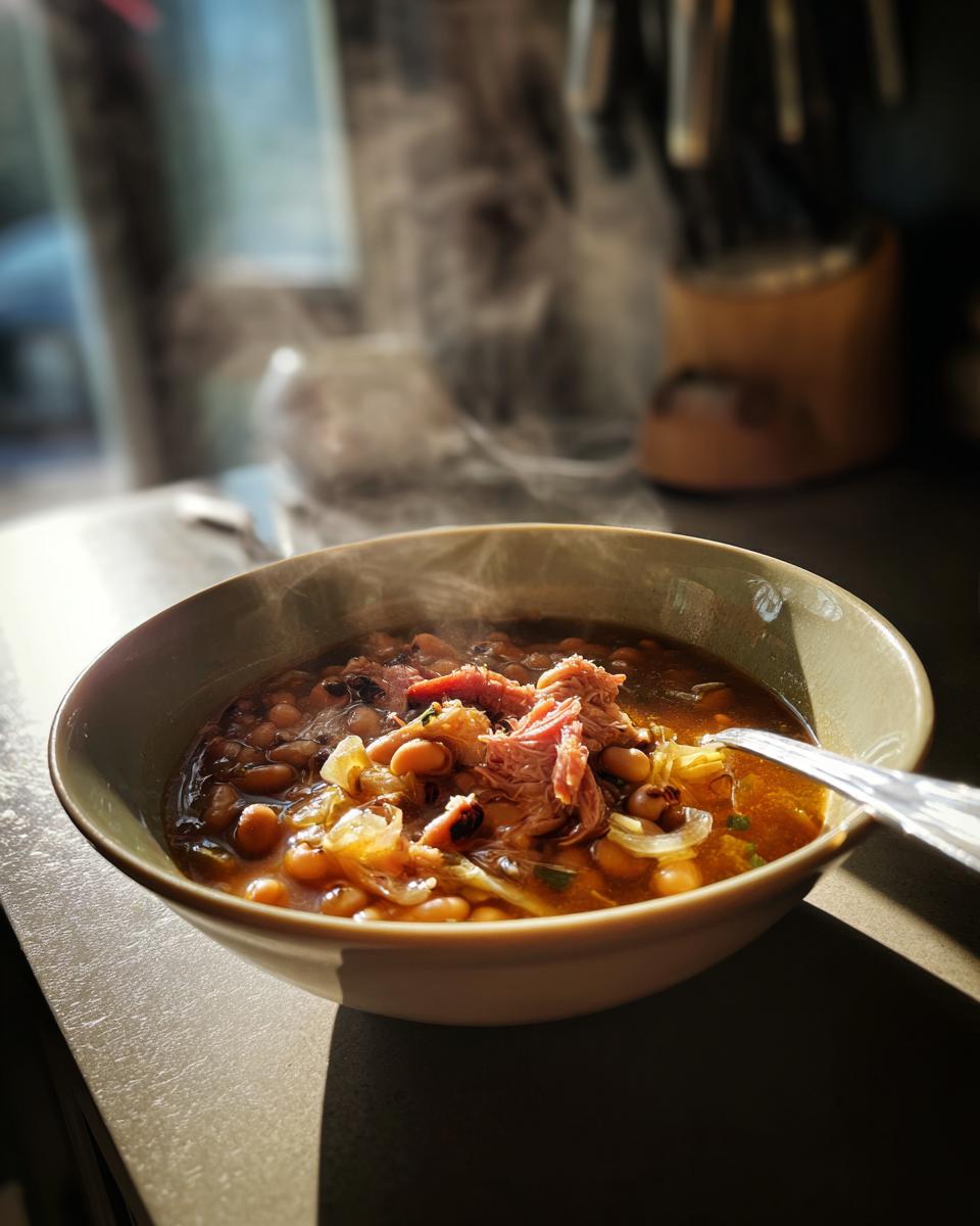 A steaming bowl of black eyed peas recipe crock pot, topped with shredded pork and herbs, with a spoon resting in the bowl.