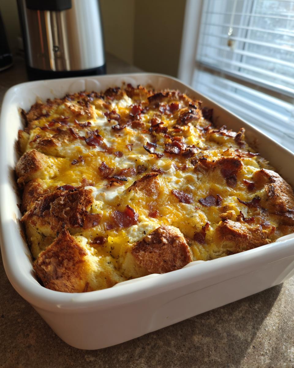 A freshly baked breakfast casserole topped with melted cheese and crispy bacon in a white baking dish.