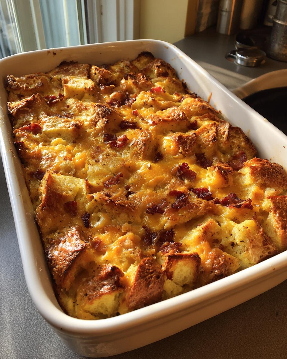A freshly baked breakfast casserole in a white dish, topped with melted cheese and crispy bacon bits.