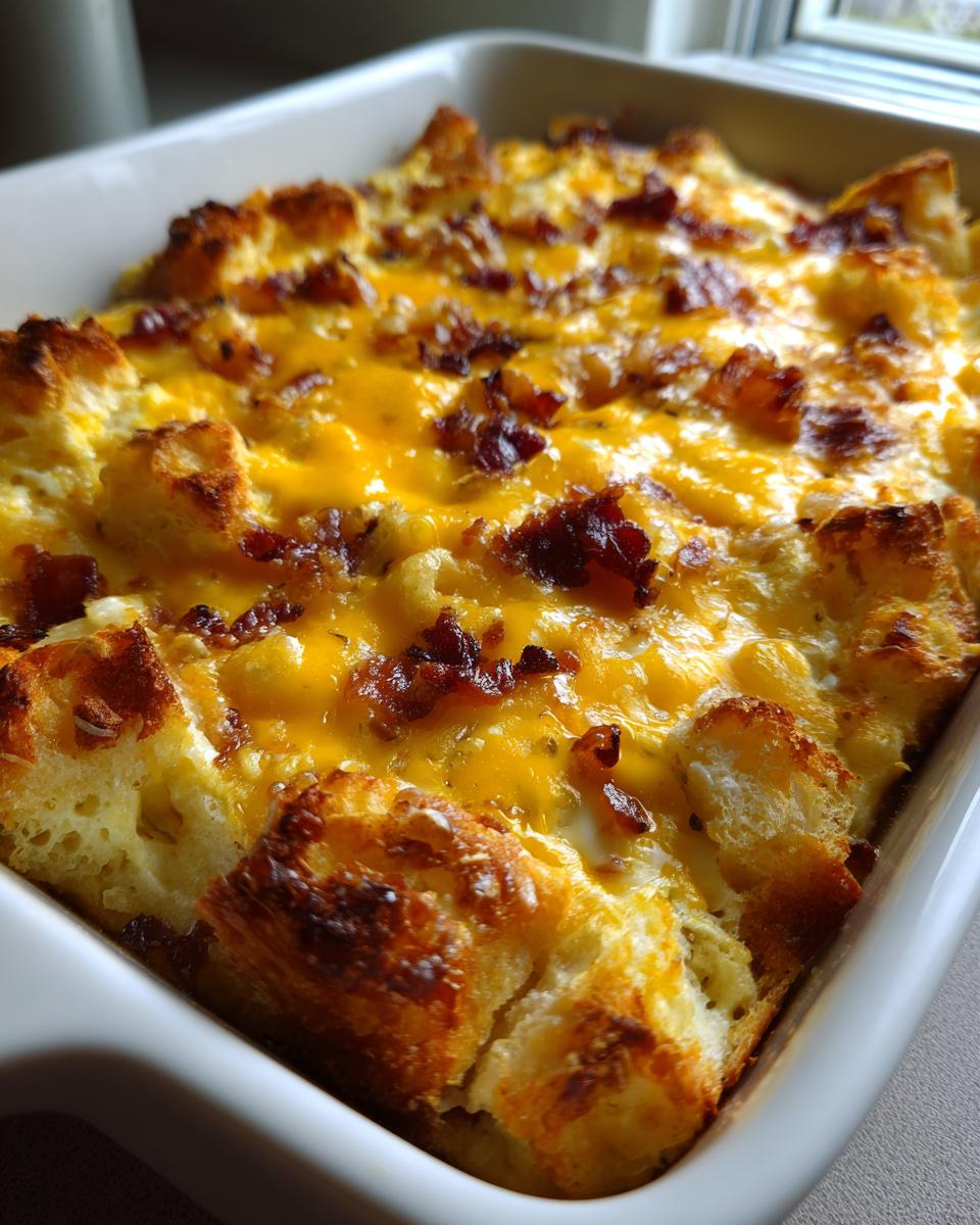 Close-up of a golden-brown breakfast casserole topped with melted cheese and crispy bacon bits.