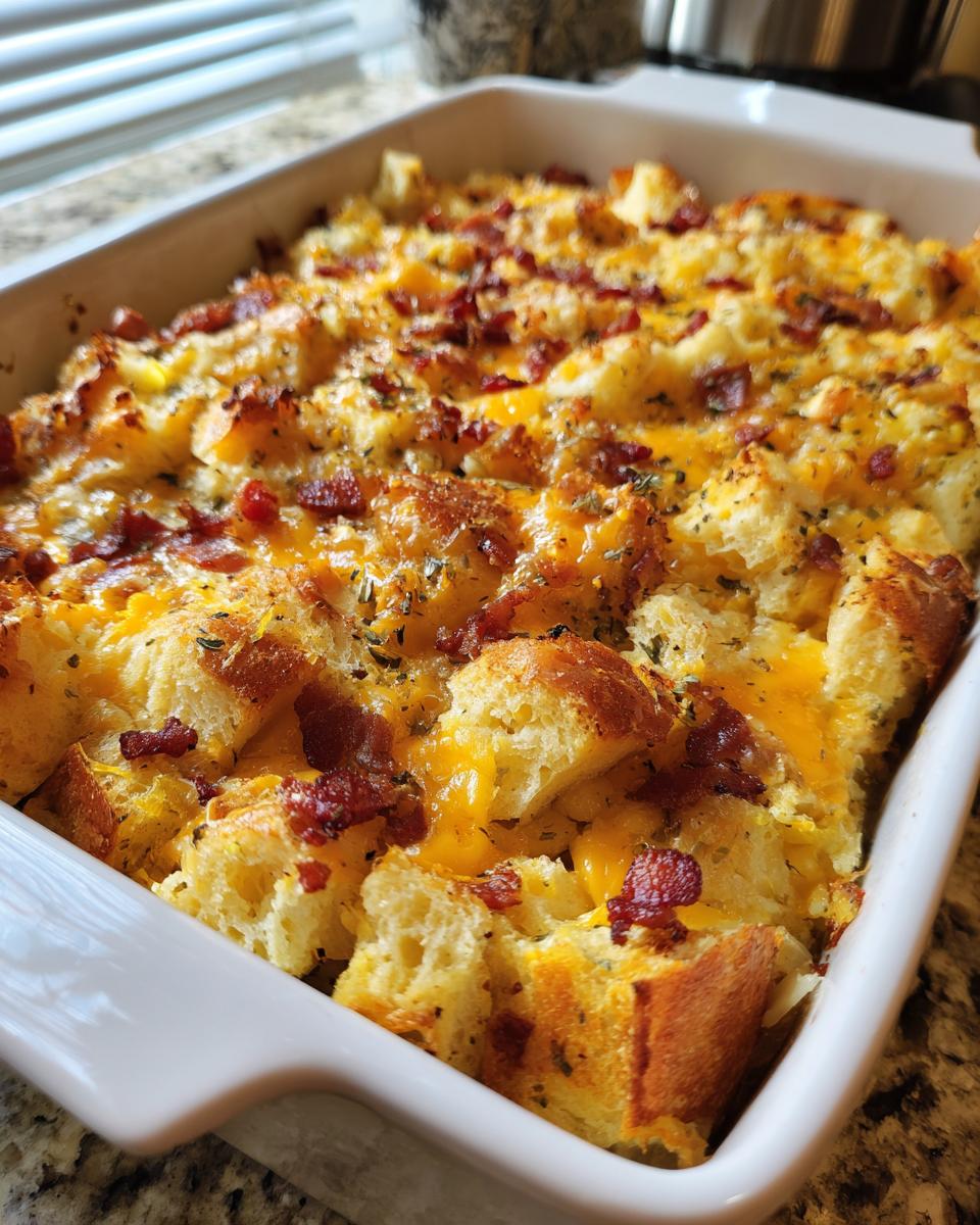 A close-up of a freshly baked breakfast casserole in a white baking dish, topped with melted cheddar cheese and crispy bacon bits.
