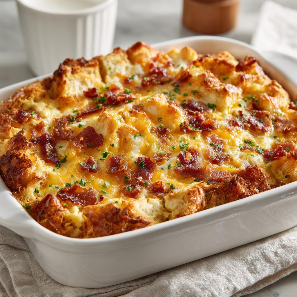 A golden brown breakfast casserole topped with melted cheese, crispy bacon, and fresh parsley, served in a white baking dish.
