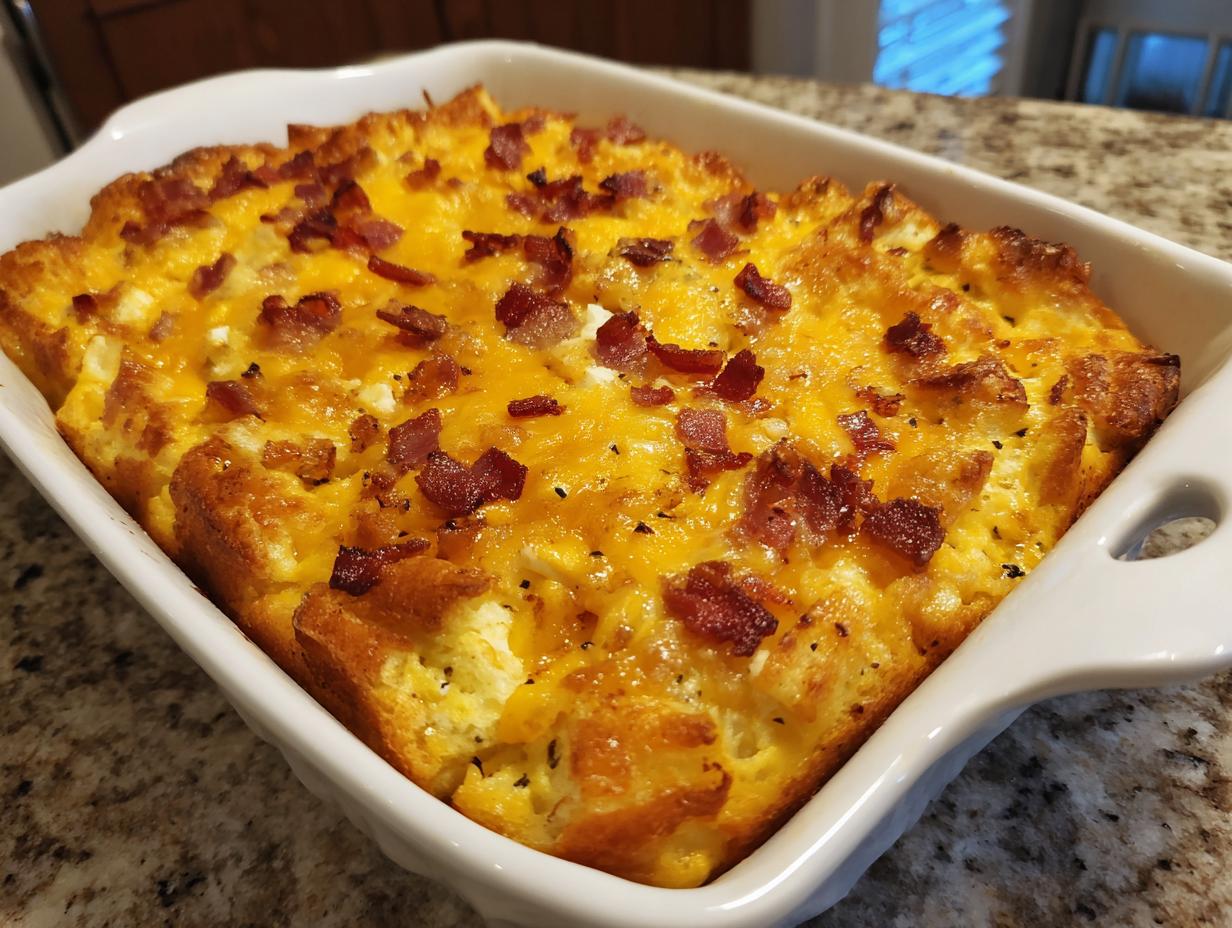 A golden-brown breakfast casserole topped with melted cheese and crispy bacon bits in a white baking dish.