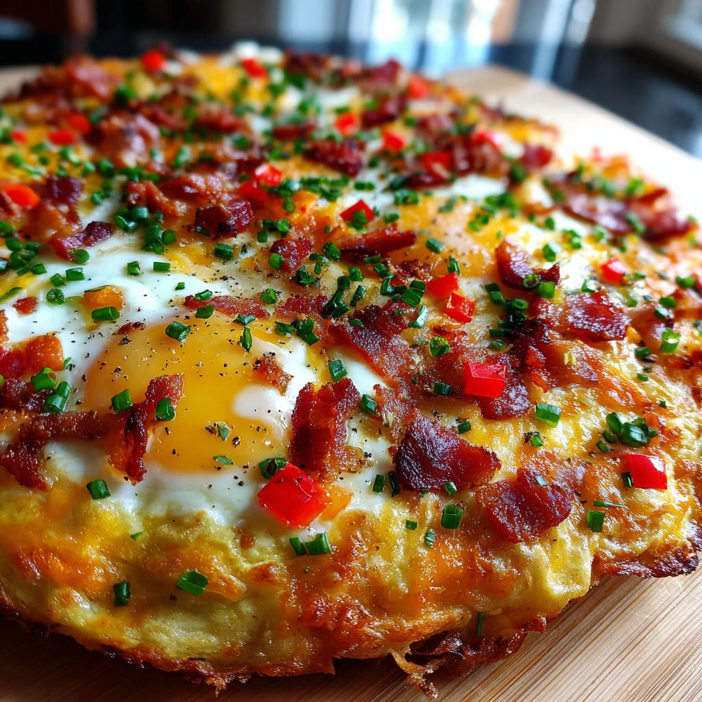 Close-up of a savory breakfast pizza topped with fried eggs, crispy bacon, red bell peppers, and chives.