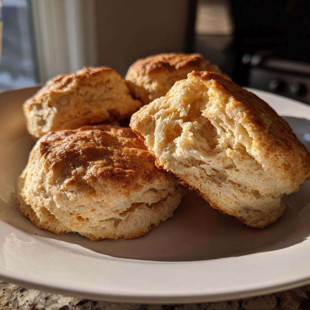 Close-up of fluffy breakfast protein biscuits on a white plate, one biscuit is broken open revealing a soft interior.