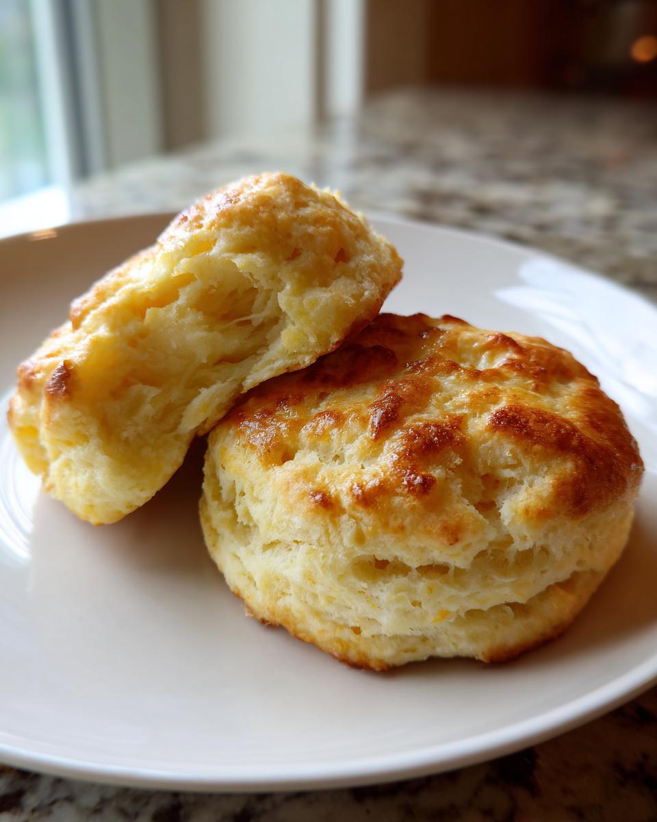 Close-up of two fluffy breakfast protein biscuits on a white plate, one split open to show its layers.