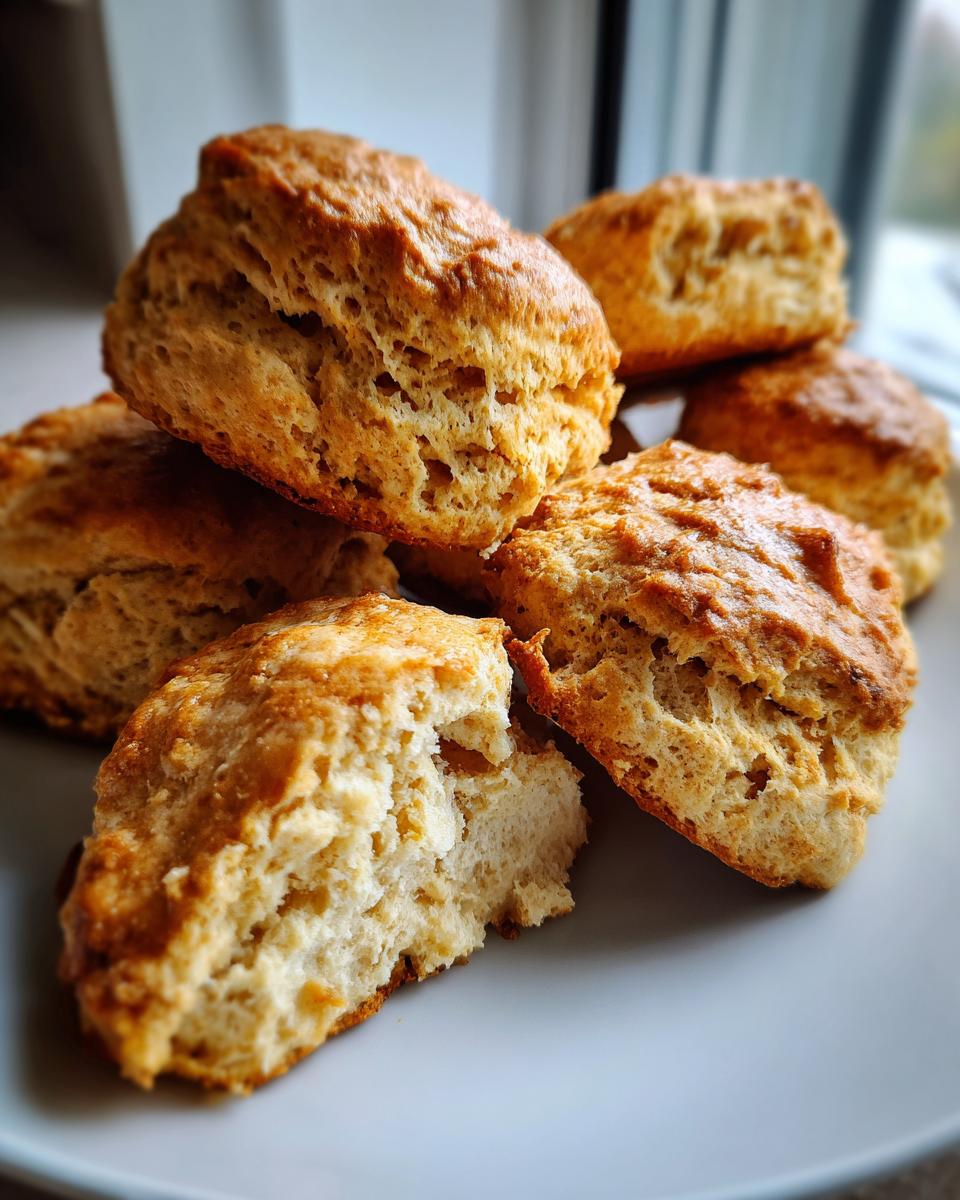 A stack of golden brown breakfast protein biscuits on a light grey plate, one biscuit is broken open.