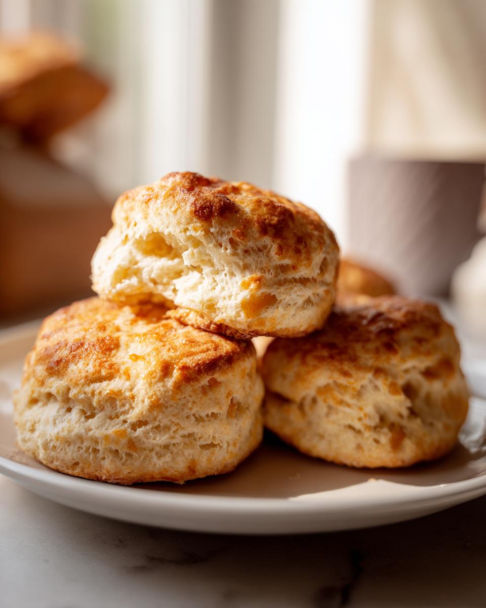 A stack of golden brown, fluffy breakfast protein biscuits on a white plate, ready to be enjoyed.