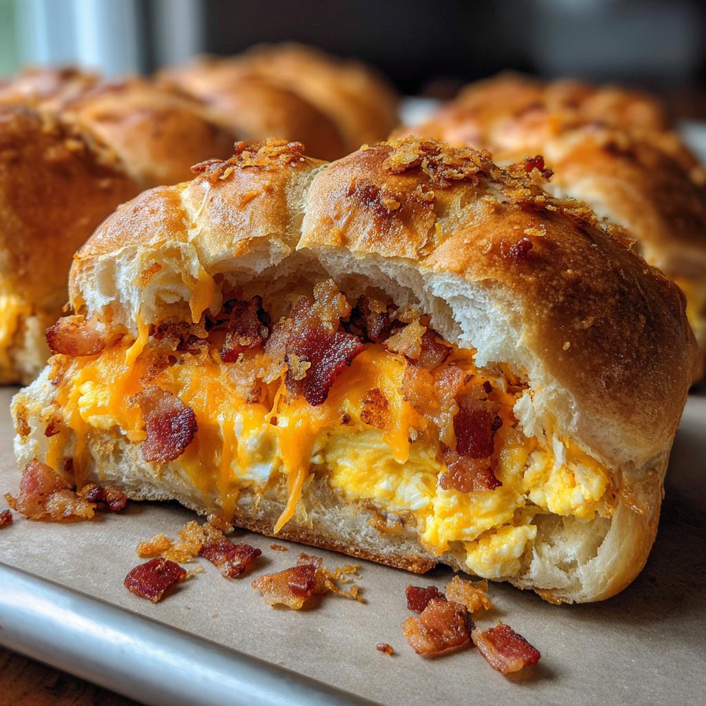 Close-up of a breakfast roll cut in half, filled with scrambled eggs, melted cheddar cheese, and crispy bacon bits.