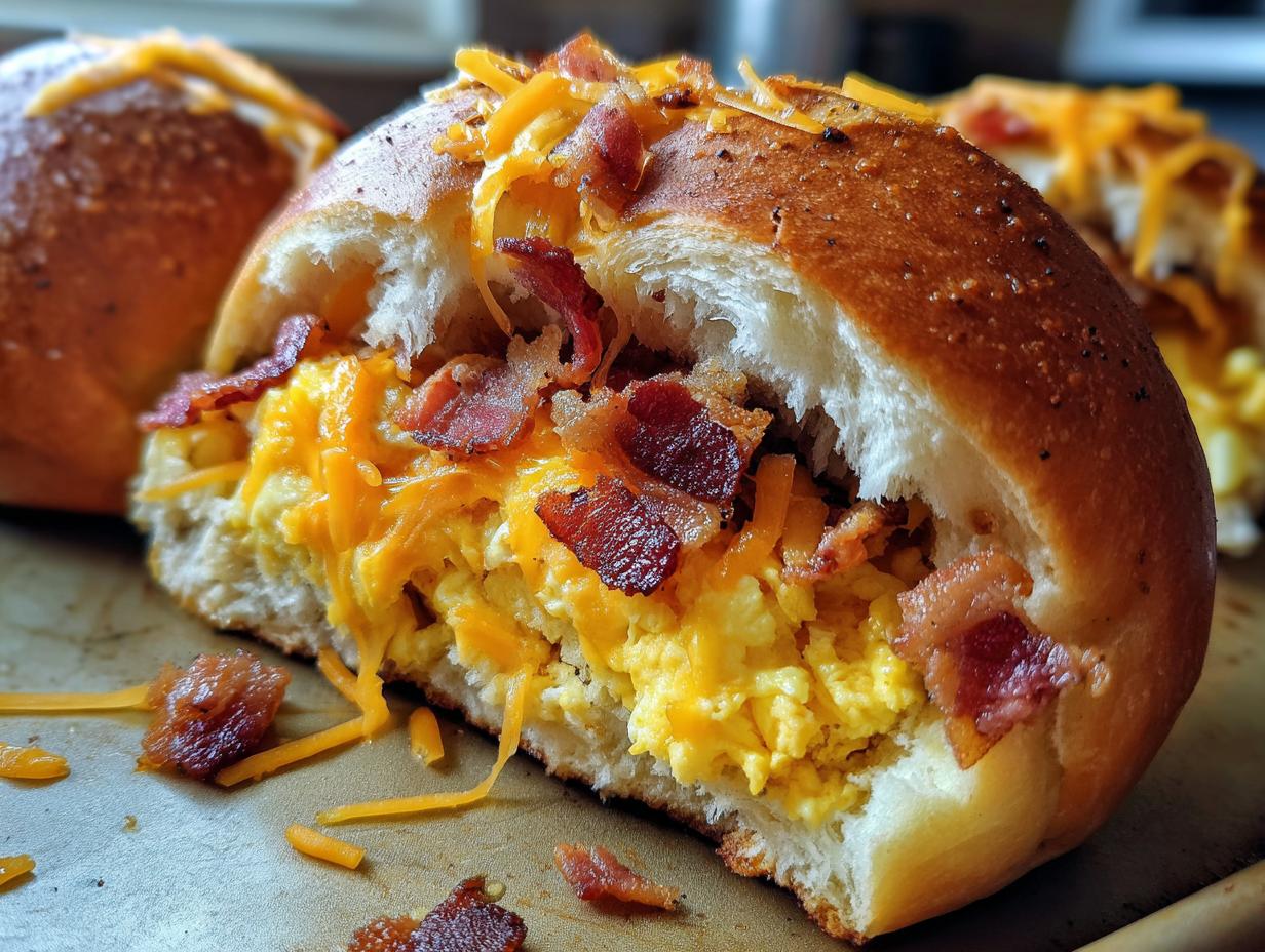 Close-up of a delicious breakfast roll stuffed with scrambled eggs, melted cheddar cheese, and crispy bacon.