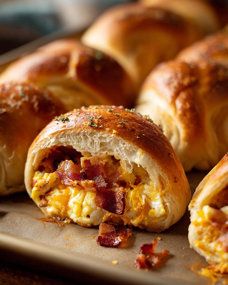 Close-up of a cut breakfast roll filled with scrambled eggs, cheese, and crispy bacon.