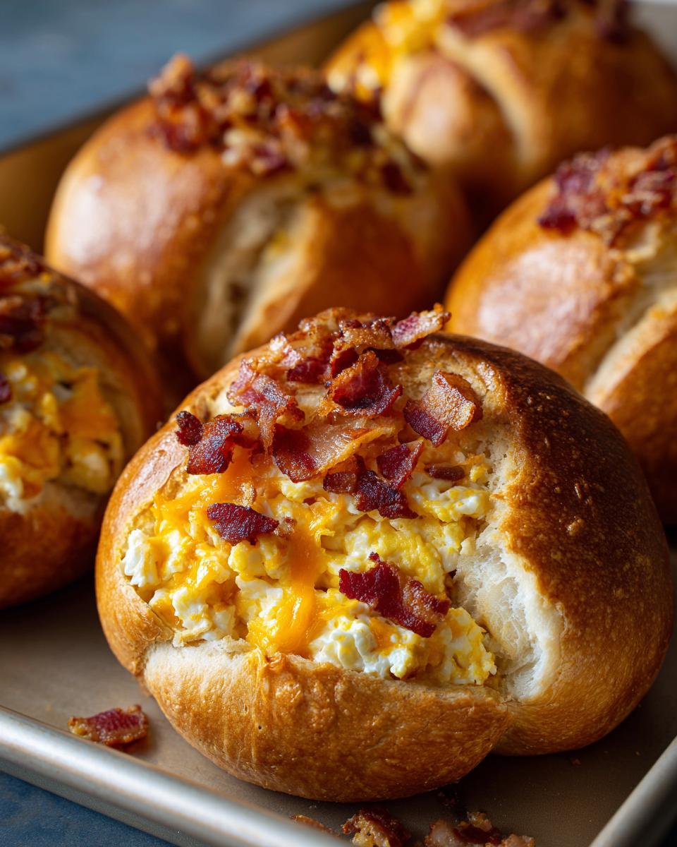 Close-up of a golden-brown breakfast roll stuffed with scrambled eggs, melted cheese, and crispy bacon bits.