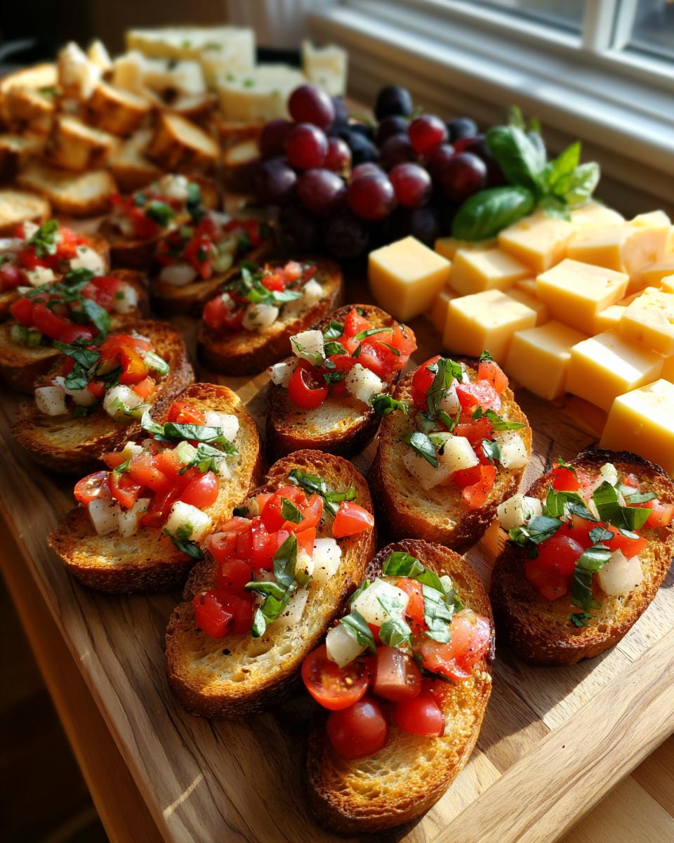 Close-up of fresh bruschetta with tomatoes and basil, perfect for new years eve food, served on a wooden board with cheese and grapes.