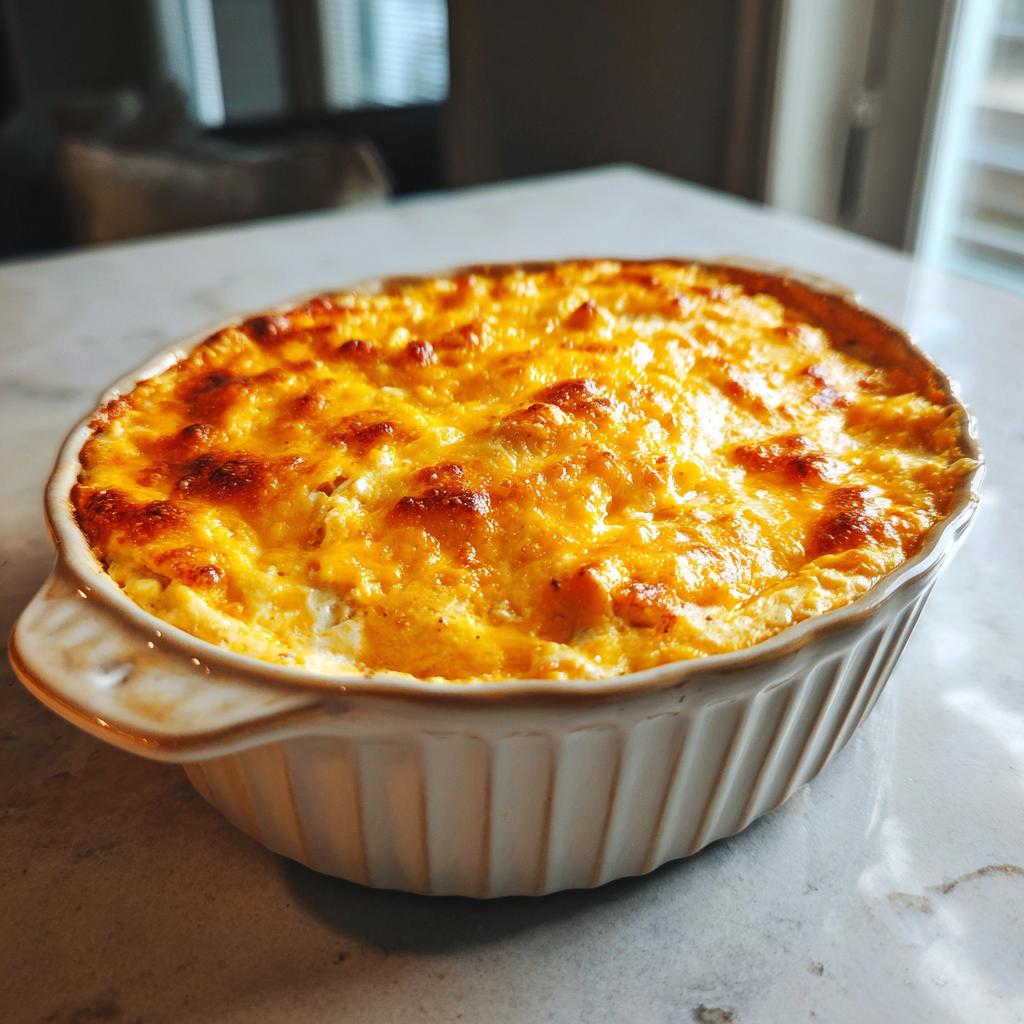 A bubbly, golden-brown buffalo chicken dip fresh from the oven in a white ceramic baking dish.